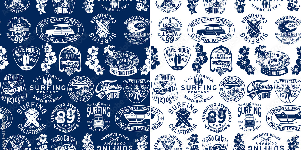 West coast California surfing company badges vector seamless pattern 