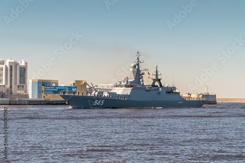 Military Corvette STOIKIY project 20380 passes near Kronstadt during the rehearsal of the naval parade. July 17  2020.