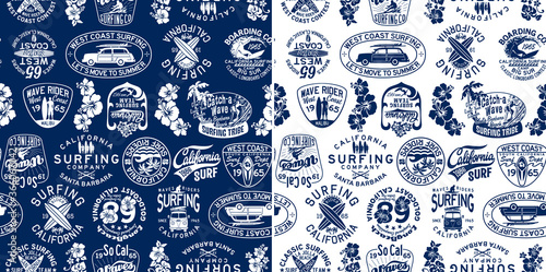 West coast California surfing company badges vector seamless pattern 