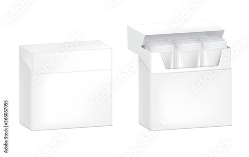 3D Glossy Stick sachet with paper box mockup isolated on white background. Vector illustration. Food and beverage Packaging concept design.