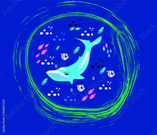 Cute whale flat vector illustration with text. Funny ocean animal hand drawn cartoon character with lettering on white background. Vitamin sea phrase with adorable sealife for t shirt print design photo