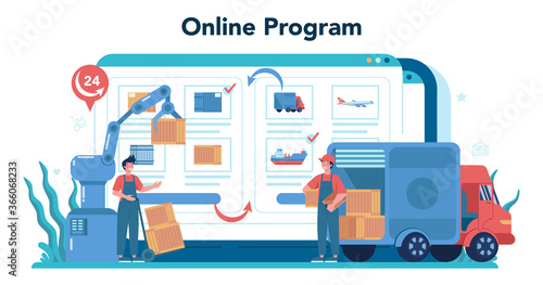 Forwarder online service or platform set. Loader in uniform delivering