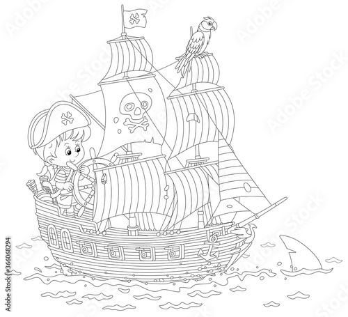 Little boy with a cocked sailor hat and a toy filibuster pistol playing a sea pirate with an old wooden ship steering helm and a funny parrot perched on a mast of a sailboat, black and white vector