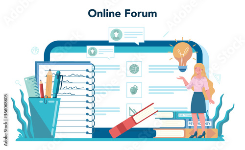 Teacher online service or platform. Profesor standing in front of the