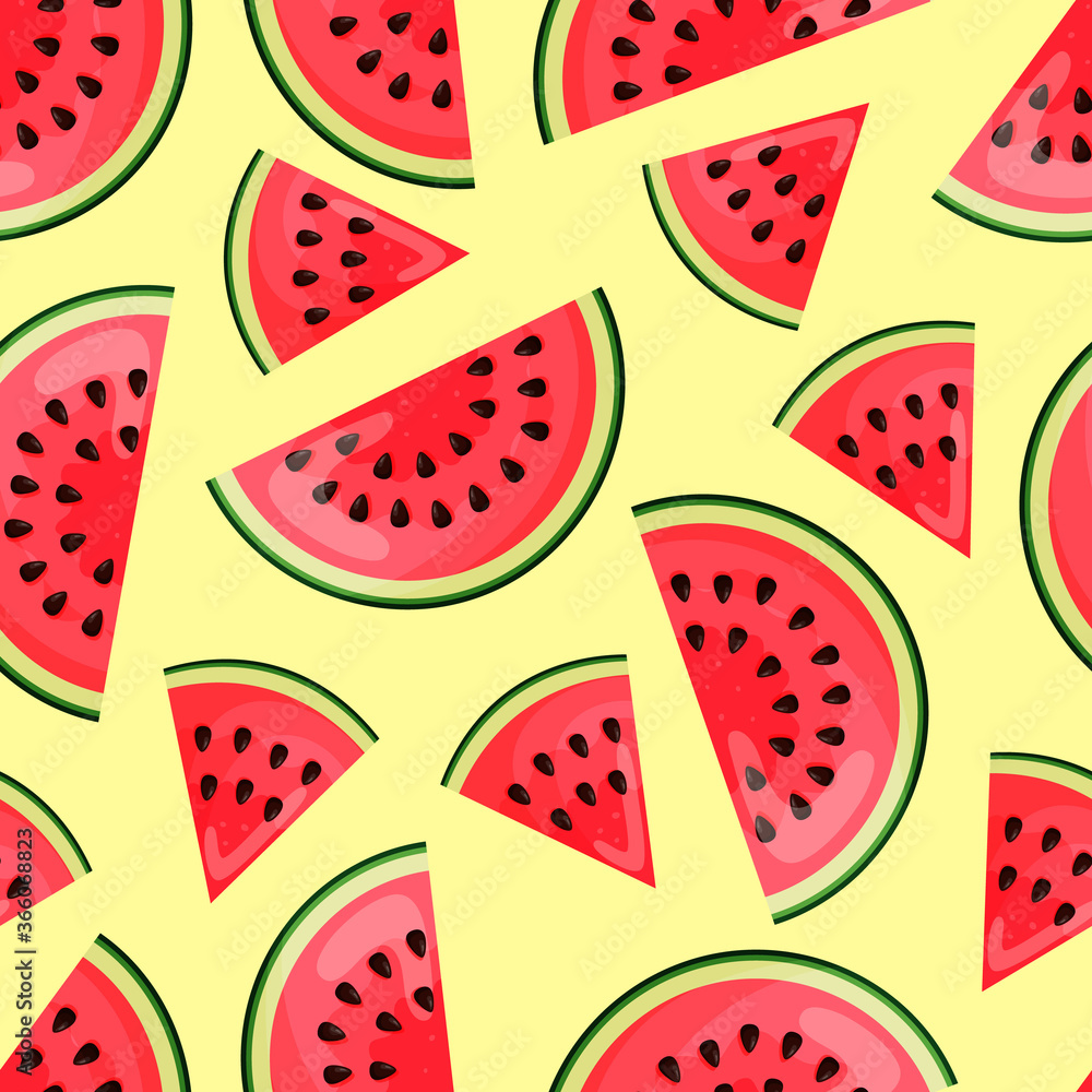 Seamless texture with pieces of watermelon on yellow background. Endless pattern. Vector illustration. Seamless texture with pieces of watermelon on yellow background. Endless pattern. Vector illustration.