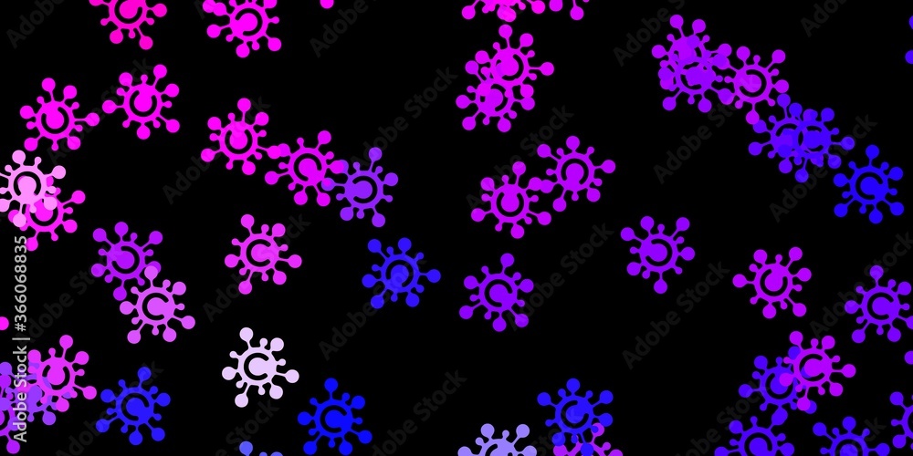 Dark pink, blue vector background with covid-19 symbols. Dark pink, blue vector background with covid-19 symbols.