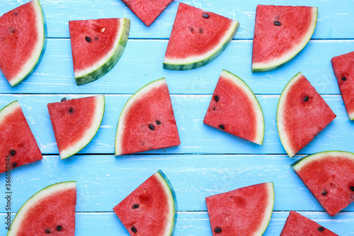 Flat lay top view watermelon slice, which is a summer fruit suitable for fresh fruit juices.