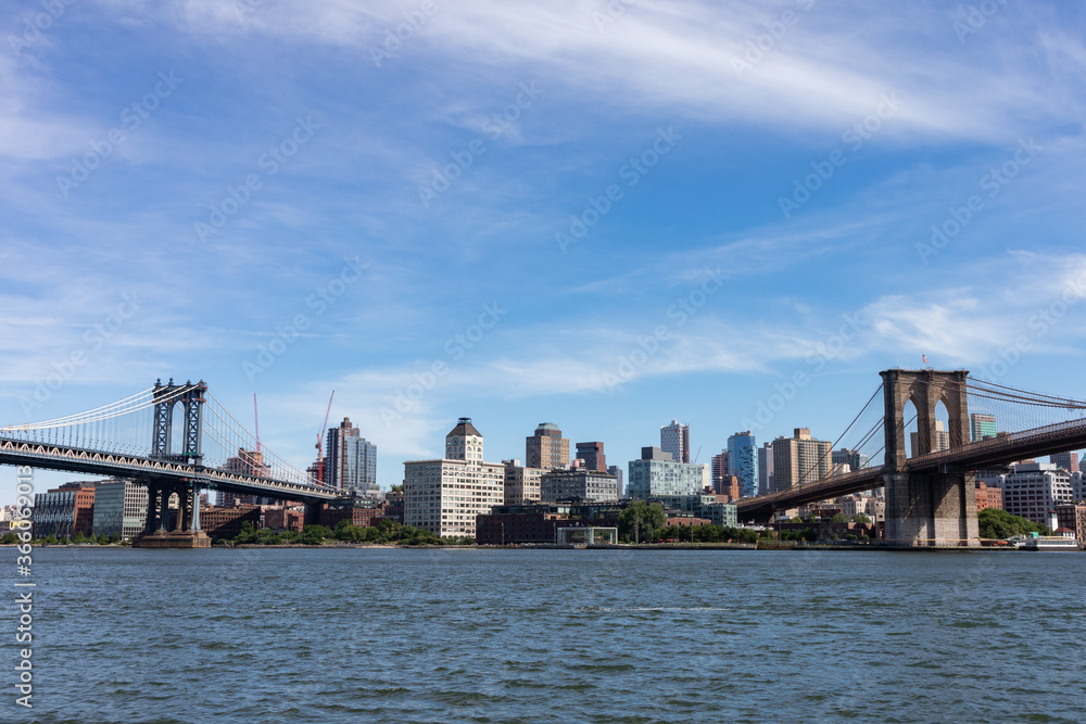 Skyline of Dumbo Brooklyn with the Brooklyn Bridge and Manhattan Bridge along the East River in New York City