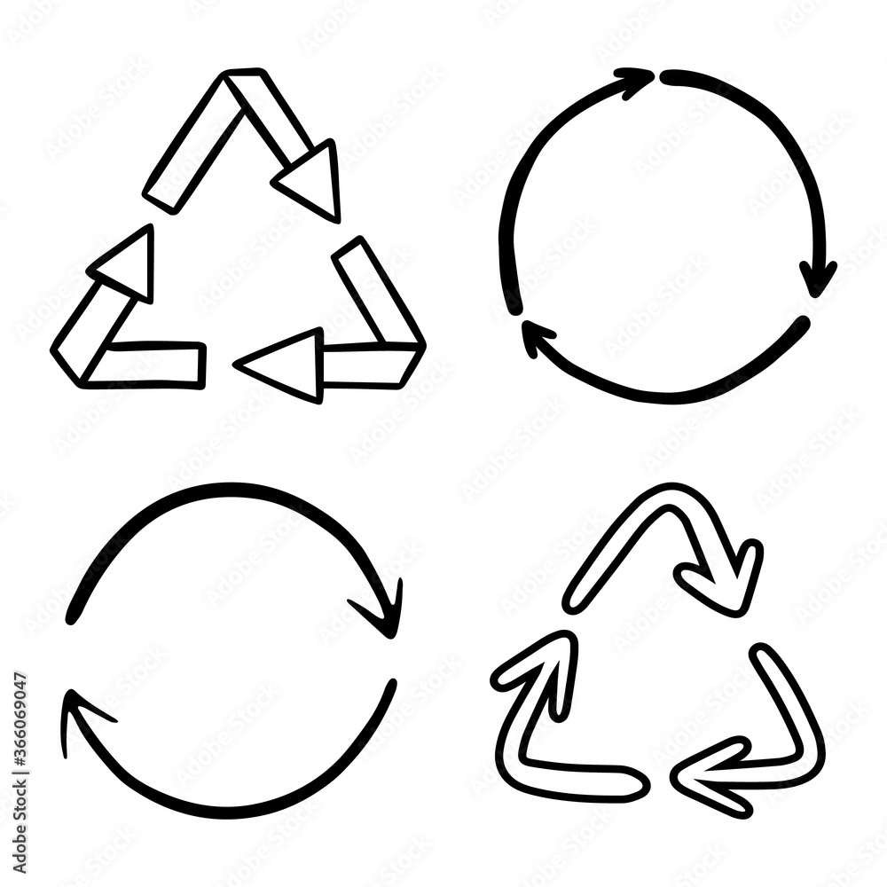 Set of hand drawn recycle signs. White arrows on a green circle. Vector illustration in the Doodle style. Set of hand drawn recycle signs. White arrows on a green circle. Vector illustration in the Doodle style.