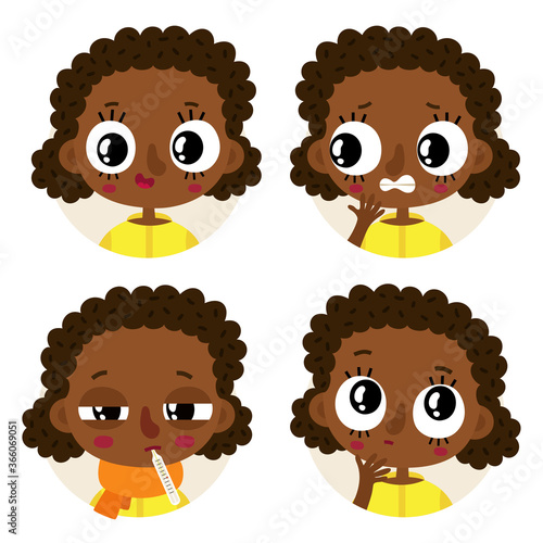 Cute vector set of four african american girl emotions and facial expressions