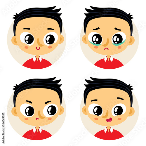 Cute vector set of four asian boy emotions and facial expressions