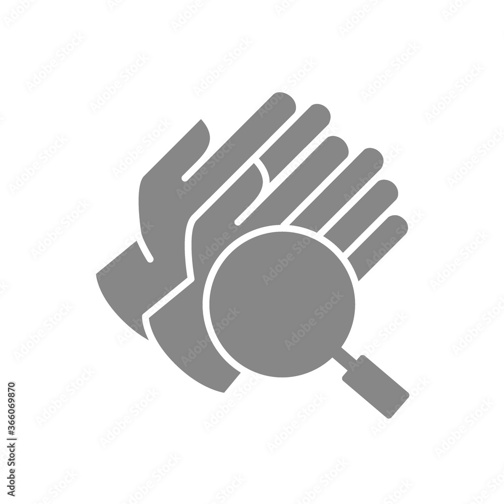 Medical gloves with magnifying glass gray icon. Protective research, epidemic prevention symbol Medical gloves with magnifying glass gray icon. Protective research, epidemic prevention symbol