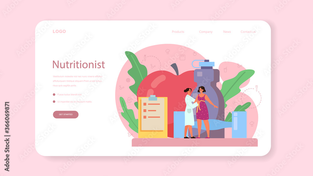 Nutritionist web banner or landing page. Diet plan with healthy food Nutritionist web banner or landing page. Diet plan with healthy food