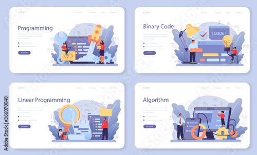 IT education web banner or landing page set. Student write software