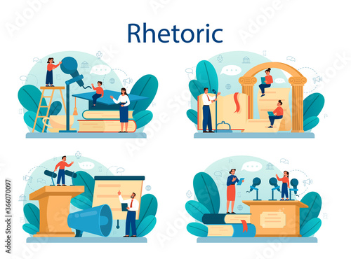 Rhetoric or elocution school class set. Voice training and speech