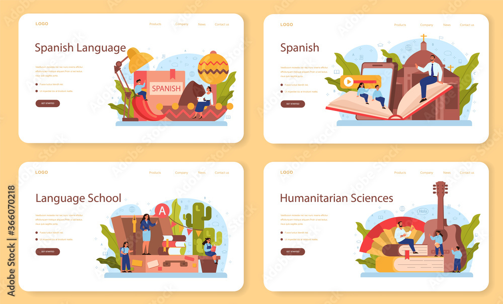 Spanish learning web banner or landing page set. Language school
