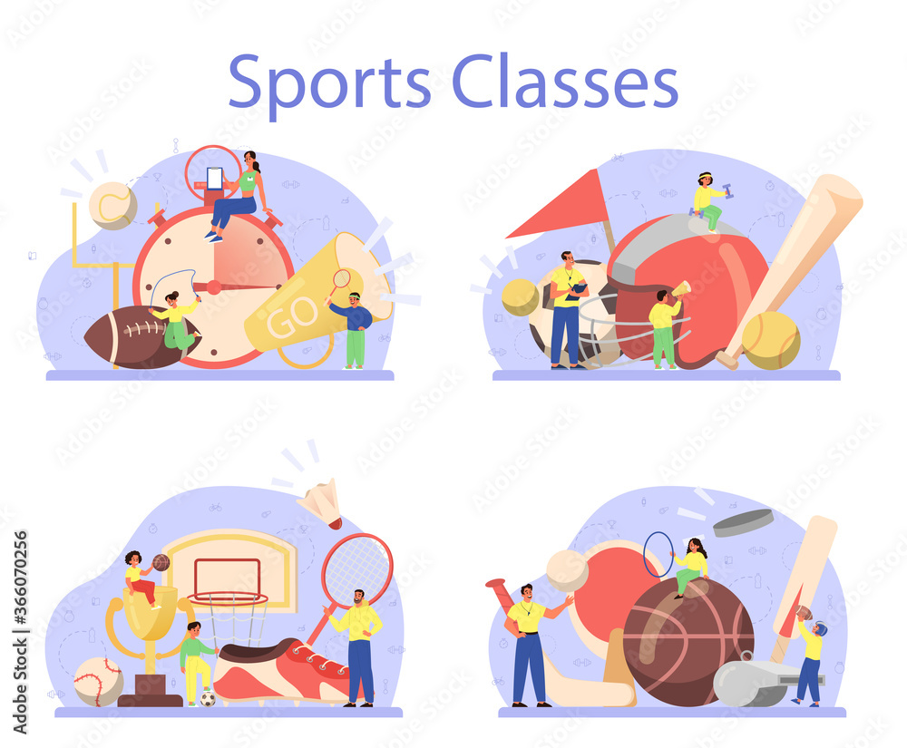 Physical education or school sport class concept set. Students doing