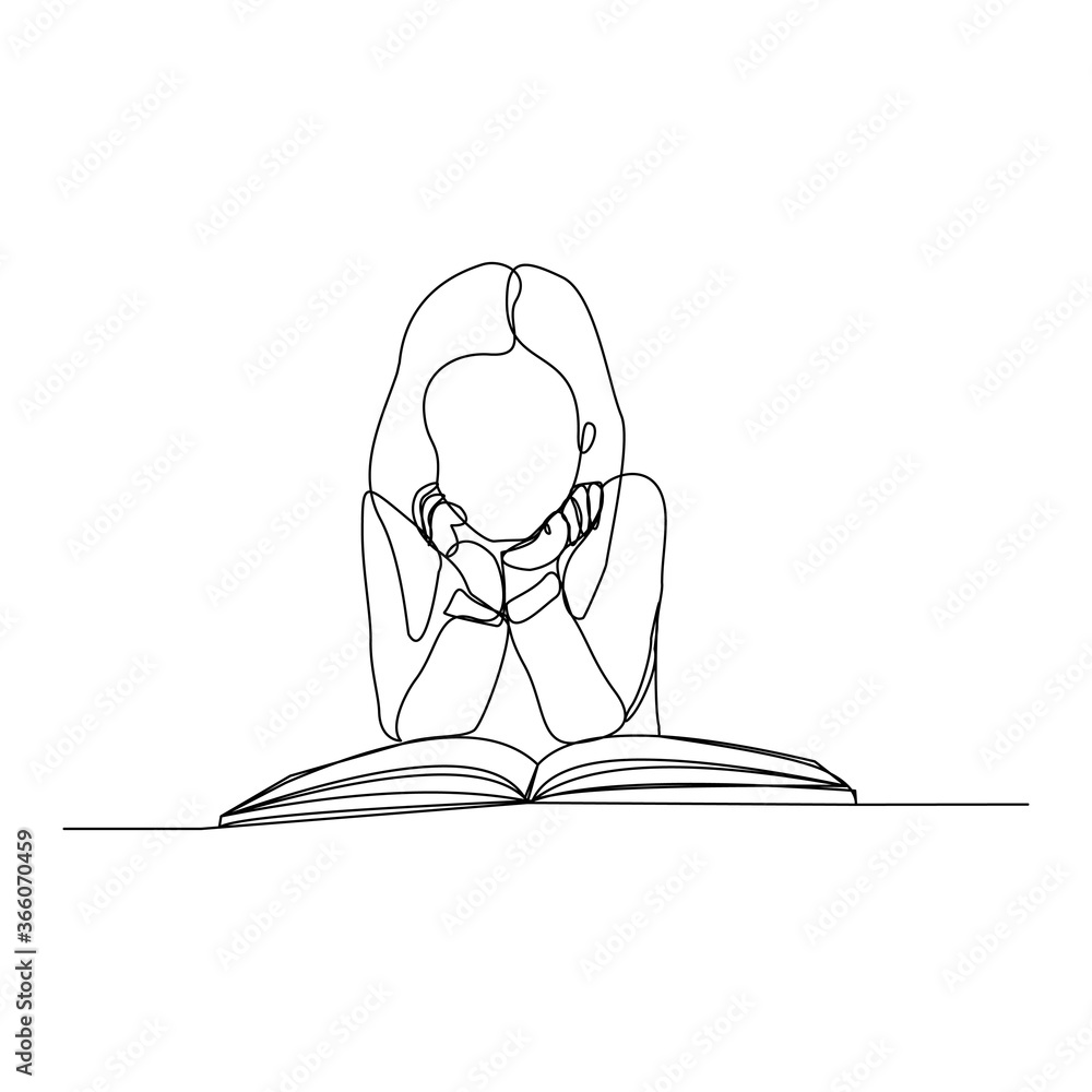 Continuous line drawing child cute little girl sitting and read a book ...