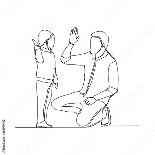 Continuous line drawing of father dad give high five to child for success. Single line concept of parenting. Vector illustration.