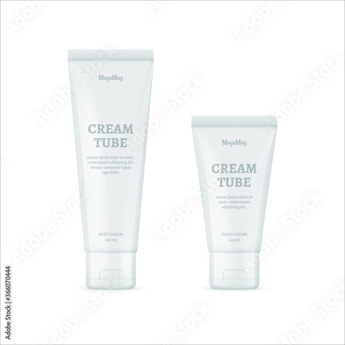 Realistic cosmetic tubes on white background. Cosmetic cream containers and tubes for cream, shampoo, gel, balsam, conditioner. 3d Vector Illustration