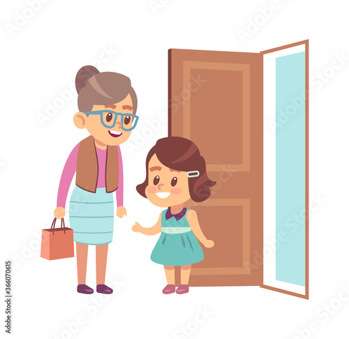 Little girl respect elderly. Polite child with good manners opening door to grandmother, children etiquette concept cartoon flat vector illustration