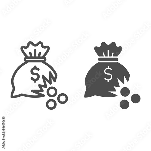 Bag of money with hole and coins line and solid icon, financial problem concept, leaking coins from torn money bag sign on white background, Hole in moneybag icon in outline style. Vector graphics.