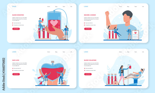 Blood donation web banner or landing page set. Give blood and save
