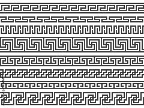 Greek borders. Ancient roman or grecian geometric frame decoration, mediterranean classic antique patterns. Ornamental textures vector set
