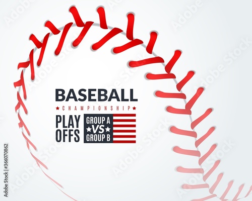 Baseball poster. Promotion flyer with softball ball with red lace stitches, professional sport club tournament, sports event announcement, championship invitation vector background
