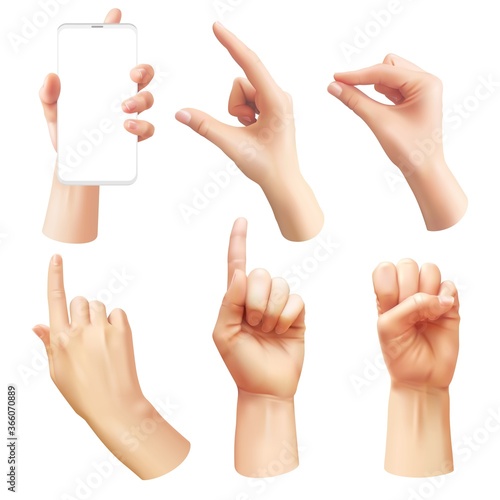 Realistic hands. Different human hand showing signals, pointing finger, interactive communication and interface gestures 3d vector set