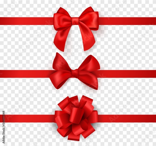 Gift bows with ribbons. Horizontal silk red ribbon with decorative bow, realistic festive satin tape for decor or holiday packaging 3d vector set
