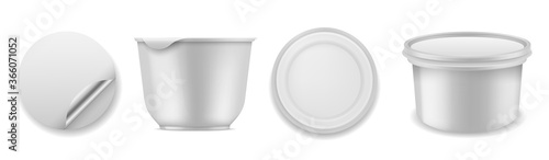 Yoghurt container. White blank plastic packaging for milk product, melted cheese or butter, round box with curled foil, vector mockups