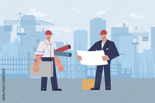 Architect at construction site. Master foreman with helmet on his head with diagram in hands during construction on landscape skyscraper and crane, flat cartoon vector illustration