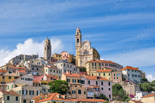 Imperia Cervo and San Giovanni Battista church in Liguria. Old medieval town in Italy. Travel destination. Mediterranean sea.