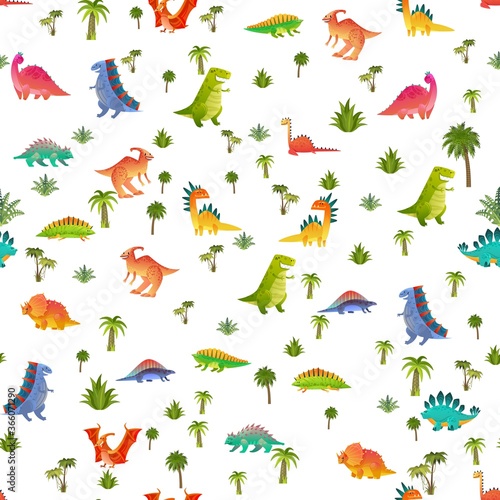 Baby dino seamless pattern. Animal dragon and cute nature dinosaur in jungle  childish bright texture for wallpaper  fabrics and wrapping paper  vector background isolated on white
