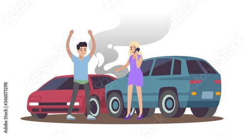 Car accident. Man and woman after cars collision , male character angry female calling on phone, drivers standing near automobiles flat cartoon illustration