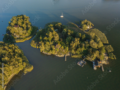 Photography Photo from a drone over the sea, sunny evening, Scandinavian nature, yacht, Gulf of Finland, Finland