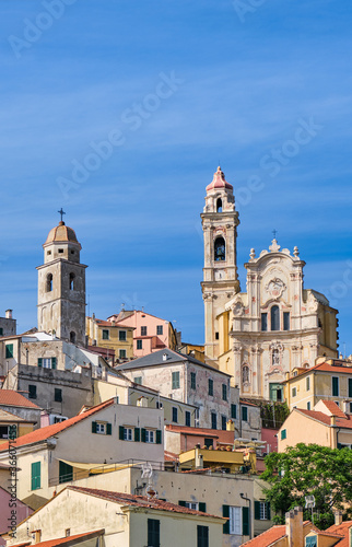 Imperia Cervo and San Giovanni Battista church in Liguria. Old medieval town in Italy. Travel destination. Mediterranean sea.
