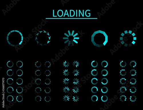 Round loader. Progressive internet buffering upload loading, frame animation, interface for app and internet, computer and mobile, blue signs of wait download on black background vector set