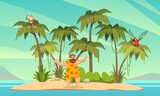 Robinson Crusoe. Man on desert island and palm trees with parrot and monkey, tropical paradise landscape, sandy beach flat cartoon vector illustration