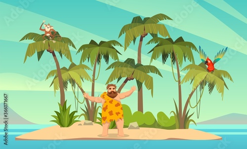 Robinson Crusoe. Man on desert island and palm trees with parrot and monkey  tropical paradise landscape  sandy beach flat cartoon vector illustration