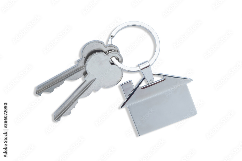 Silver keys house with house shaped metal keychain on white background. Silver keys house with house shaped metal keychain on white background.