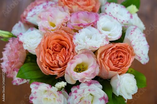 view top. bouquet of white and pink peony roses. 