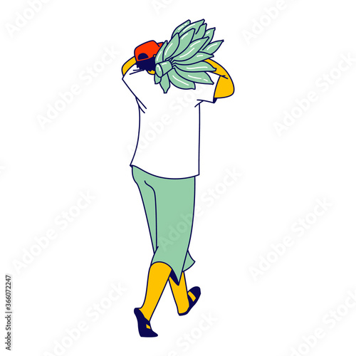 Worker Character Carry Bunch of Ripe Banana on Plantation in Tropical Country for Packing and Distribution Abroad