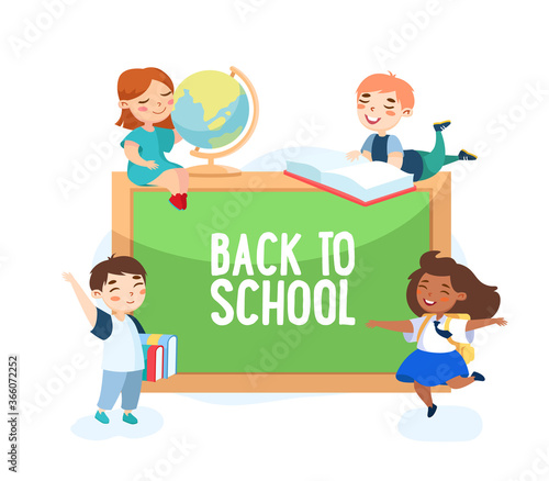 Back to School Concept. Boys and Girls with Globe and Books around of Blackboard with Chalky Inscription. Happy Students