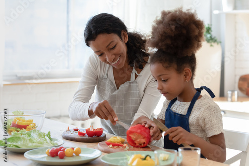 Smiling caring young biracial mother teach small ethnic daughter prepare healthy organic food salad at home  happy african American mom cooking together with little girl child  vegetarian concept