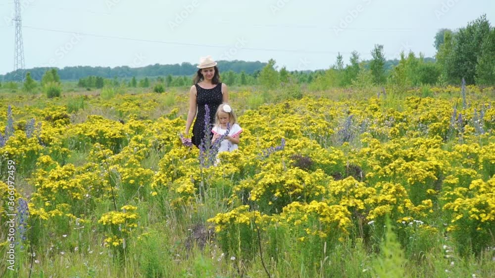 Young Woman in Straw Hat with Adorable Little Daughter Walking Through the Field in Summer. Concept of Freedom, Harmony with Nature and Summer Vacation Young Woman in Straw Hat with Adorable Little Daughter Walking Through the Field in Summer. Concept of Freedom, Harmony with Nature and Summer Vacation