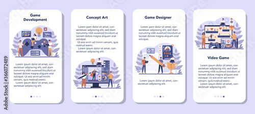Game development mobile application banner set. Creative process
