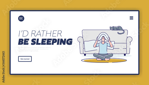 Problems with night sleep landing page concept with sleepless man getting mad