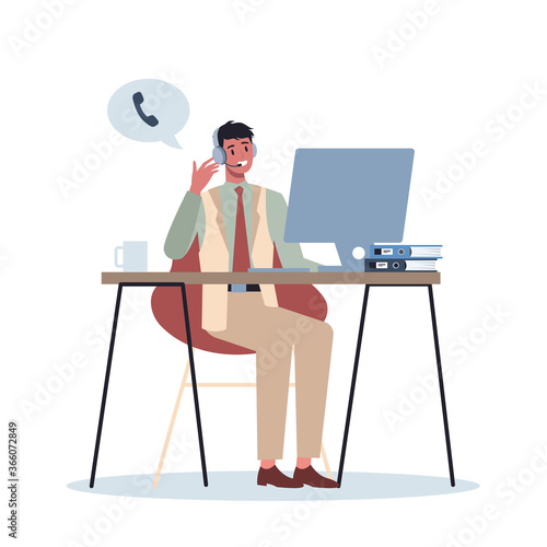 Business character with headphone. Call center office concept.